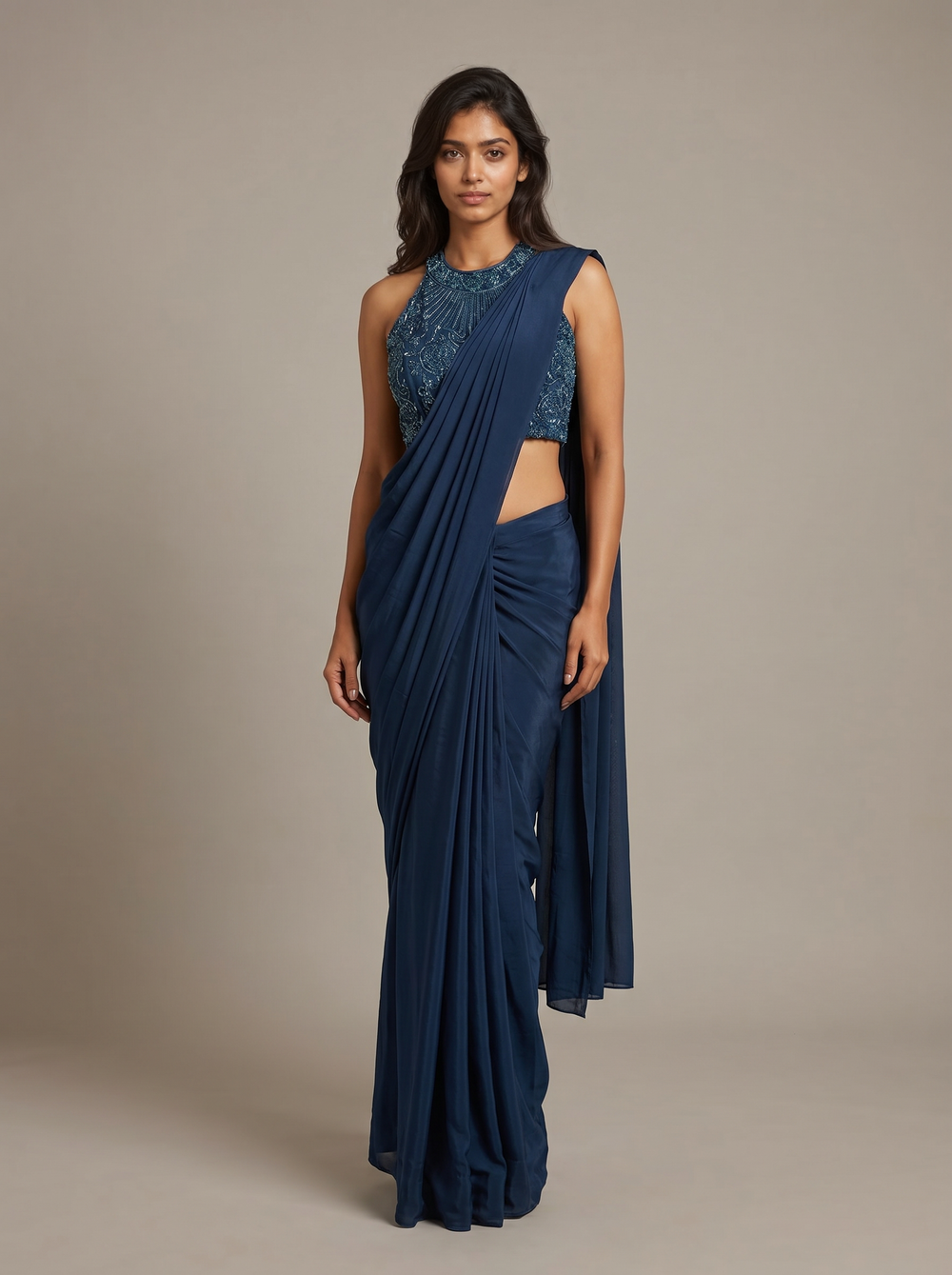 Crystal Teal Beadwork Pre-Draped Saree
