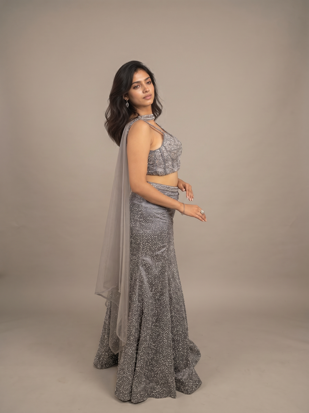 Smoke Grey Beaded Corset Mermaid Lehenga