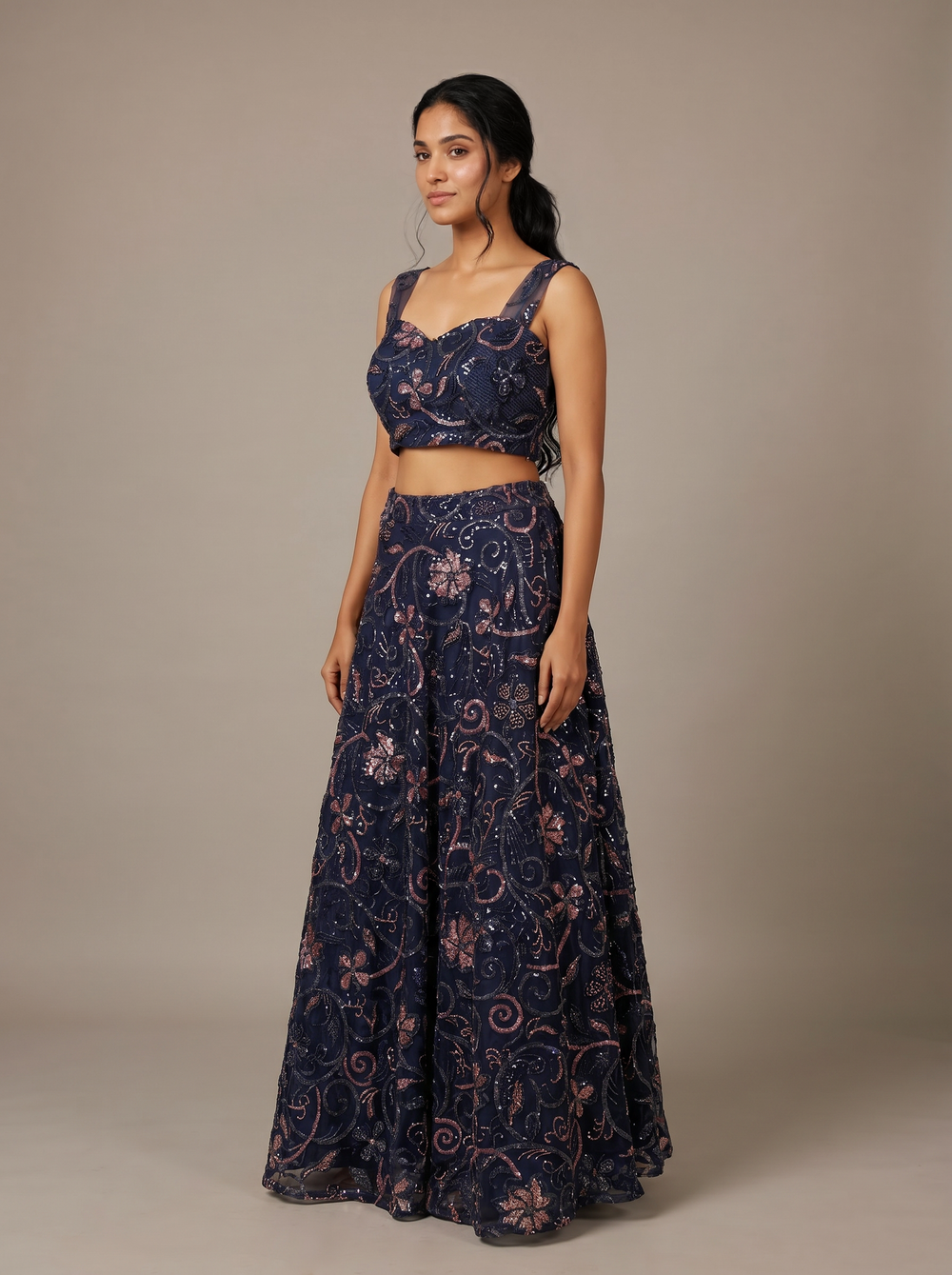 Midnight Navy Beaded Net Lehenga Set